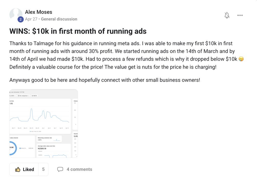 Alex Moses: $10k in first month of running ads