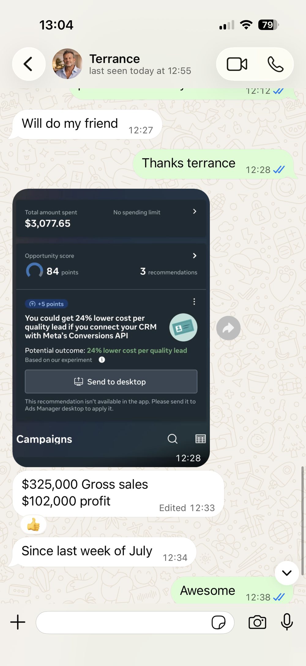 Message from Terrance: $325,000 gross sales, $102,000 profit